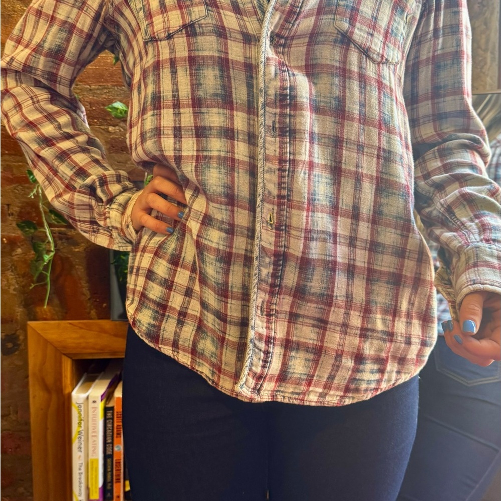 Plaid Button-Up Flannel Shirt in Cream & Burgundy